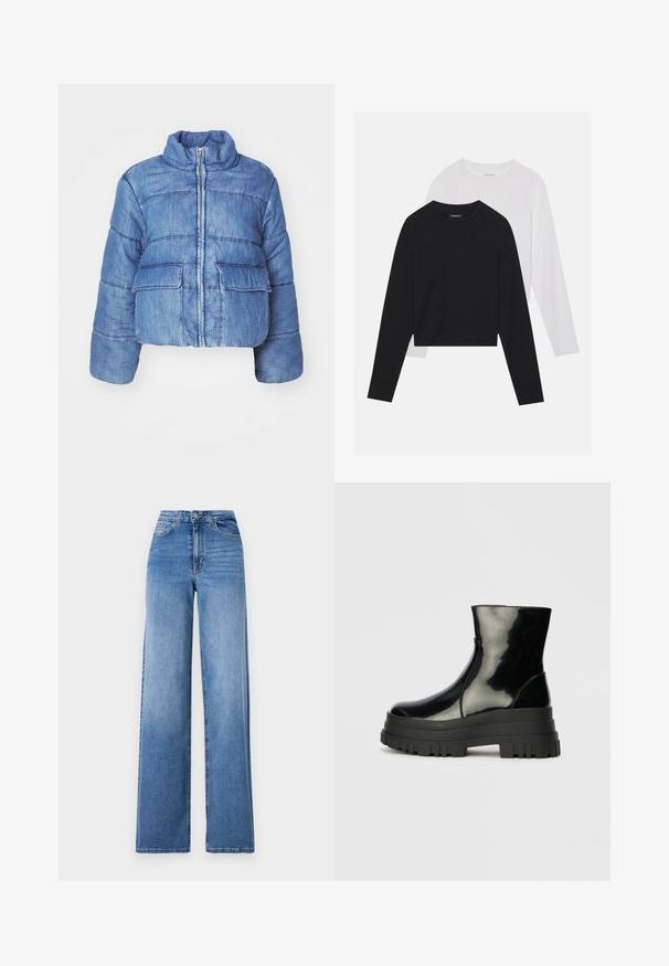 Lühike sinine denimist puffy jakk kõrge kaelusega, esine lukk, kaks suurt kleebitavat taskut ja kogu jakki kaunistav õmblusdetail.; Kaks pikade varrukatega särki: üks must ja teine valge. Mõlemal on ümar kaelus, raglanvarrukad ja pehme puuvillasegu kangas.; Heledad sinised laiad püksid, mis on valmistatud denimist, kõrge vöökohaga, esi-taskute ja tavapärase nupuga sulgemisega. Sile tekstuur.; Must mustakate läikiv ankle boot paksu lõkkeka üle ja ümarate varvastega, külgvaates halli ühtlase taustal.