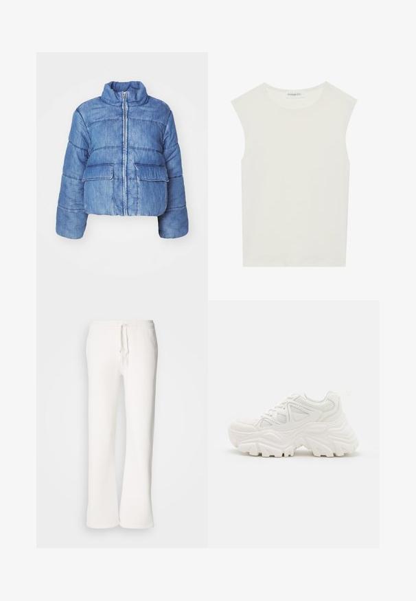 Krótkie niebieskie kurtka puchowa z wysokim kołnierzem, zamkiem błyskawicznym z przodu, dwoma dużymi kieszeniami naszytymi oraz przeszyciami na całej powierzchni.; Biała bezrękawnik z okrągłym dekoltem. Wykonana z gładkiego materiału, ma luźny krój i minimalistyczny design. Bez wzorów ani akcentów.; Białe, luźne spodnie dresowe wykonane z miękkiego materiału, z elastycznym paskiem w talii i prostymi nogawkami.; Białe, masywne sneakersy z teksturowaną cholewką, panelami z siateczki i grubymi gumowymi podeszwami o wyraźnym wzorze bieżnika. W zestawie sznurówki i pętla do zakupu.