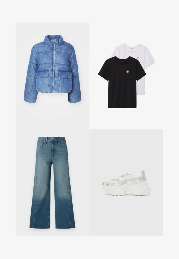 Lühike sinine denimist puffy jakk kõrge kaelusega, esine lukk, kaks suurt kleebitavat taskut ja kogu jakki kaunistav õmblusdetail.; Mustvalged ja valged T-särgid, ümar kaelus, lühikesed varrukad. Must särgile on tikitud kollane päike; valgel särgil on lillakate poolkuu aktsent.; Keskmise sinise pesu lai jalgevahega teksad, millel on gradientefekt tumedamast heledamale. Valmistatud traditionaalsest denimist, viie taskuga disainiga.; Hõbedane sneaker, millel on tekstuuriga võrgust ülemine osa ja iridesSentne aktsent, pakub tummist valget tallat ja nööridega sulgemist.