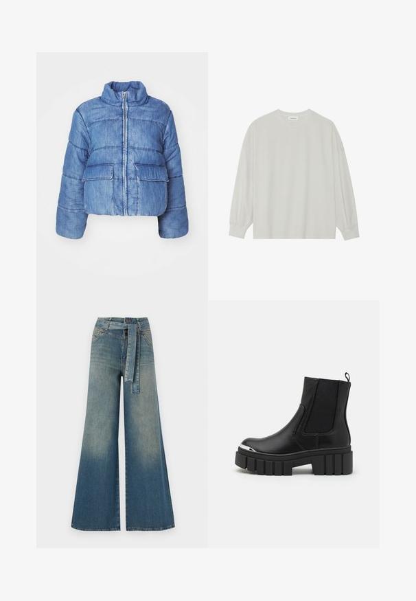 Iškirptas mėlynas džinsinis pūkinis švarkas su aukštu apykakliu, priekiniais užtrauktukais, dviem didelėmis kišenėmis ir siuvinėjimu visame švarke.; Šviesiai pilkas ilgomis rankovėmis marškinėliai, pagaminti iš minkštos medvilnės. Sukurtas laisvam prigludimui, apvaliu iškirpimu ir švelniai susigūžusiomis rankovėmis. Be raštų ar piešinių.; Platus džinsinis kelnes su šviesiai tamsiai mėlynu gradientu, aukštu juosmeniu, diržo kilpomis ir atitinkančiu audinio diržu. Textūruotas džinsinis paviršius.; Juodos kulkšninės batai iš lygaus odos su elastingomis juostelėmis, storu platformos padu ir metaliniu pirštų dangteliu.