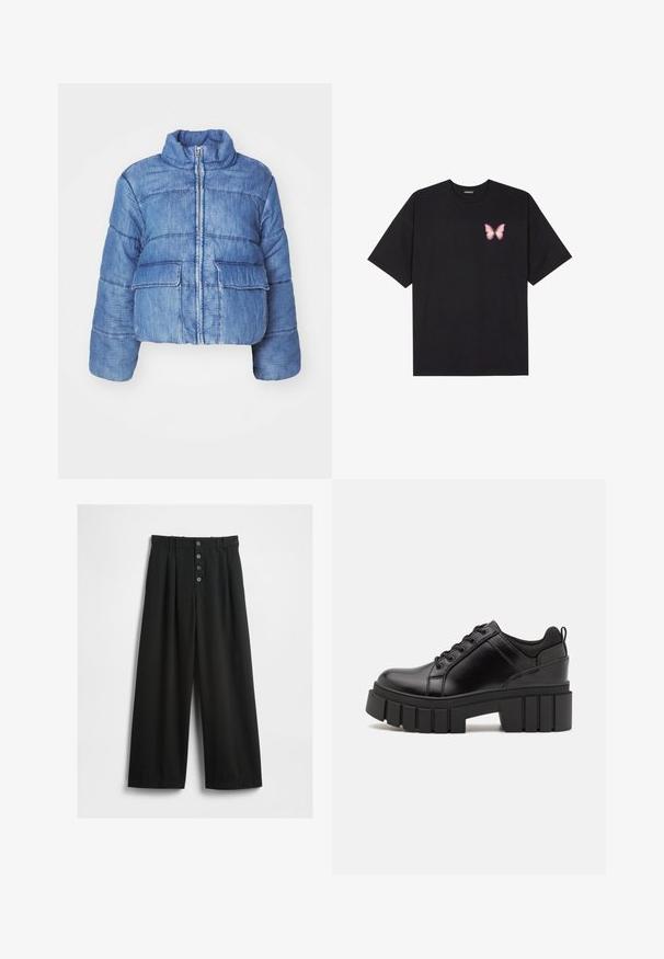 Lühike sinine denimist puffy jakk kõrge kaelusega, esine lukk, kaks suurt kleebitavat taskut ja kogu jakki kaunistav õmblusdetail.; Must muströöpidega must puuvillane T-särk, vasakul rinnal on väike roosa liblikas. Ümar kaelus ja vabalt istuv lõige.; Laiad mustad püksid, mis on valmistatud tekstuuriga kangast. Omab kõrget vööd, viie nööbiga esist fasteningut ja pressitud voldid lisadetailideks.; Must musta platvormsussid paksu plokkninal, ümmarguse varbaga ja traditsioonilise nööridega kinnitamisega. Sussid on sileda tekstuuriga ja minimaalsete detailidega.