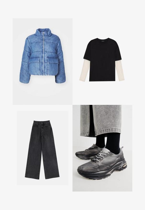 Kuttet blå denim pufferjakke med høy krage, frontglidelås, to store lommeposer og sømdetaljer overalt.; Svart T-skjorte laget av bomull, med korte ermer over et hvitt langermet lag med en subtil teksturert mønster. Rund hals design.; Svart bred ben jeans i denim med høy midje, klassisk fem-lommers design og subtil fading. Holdbart stoff med en jevn tekstur.; Sorte og grå treningssko har en mesh-overdel, tykke såler og snøring. De har en rund tå og synlige dempe detaljer.