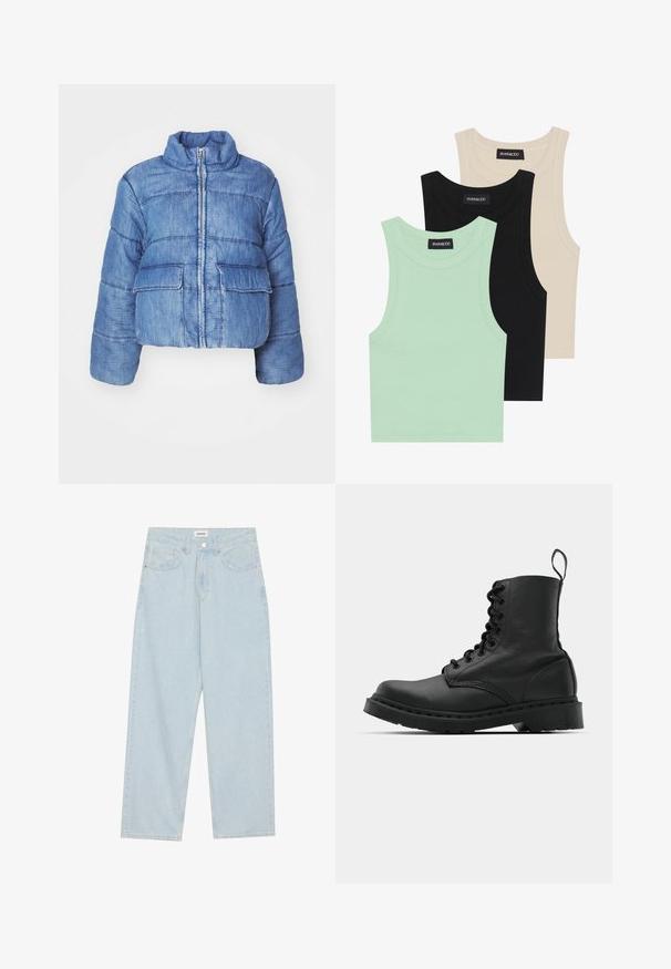 Cropped blue denim puffer jacket with a high collar, front zipper, two large patch pockets, and stitched detailing throughout.; Three tank tops in mint green, black, and beige; made of ribbed fabric with a round neckline and no sleeves. Brand label visible.; Light blue wide-leg jeans made of denim, featuring a mid-rise waist, five pockets, and a button closure with a slim metal accent.; Black leather combat boot with a round toe, lace-up front, and a pull tab at the ankle. Features a thick rubber sole for durability.