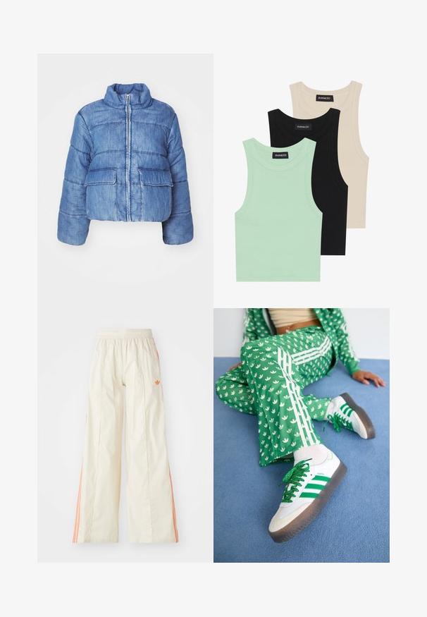 Beskarvet blå denim pufferjakke med høj krave, frontlynlås, to store påsynte lommer og stikninger overalt.; Tre tank toppe i mintgrøn, sort og beige; lavet af ribbet stof med rund hals og uden ærmer. Mærket er synligt.; Cremefarvede bredde benbukser med elastisk talje, der har orange side-striber og et lille orange logo foran.; Grønne mønstrede træningsdragt med hvide blomsterdesigns og hvide striber, parret med hvide sneakers med grønne striber og glitrende snørebånd.