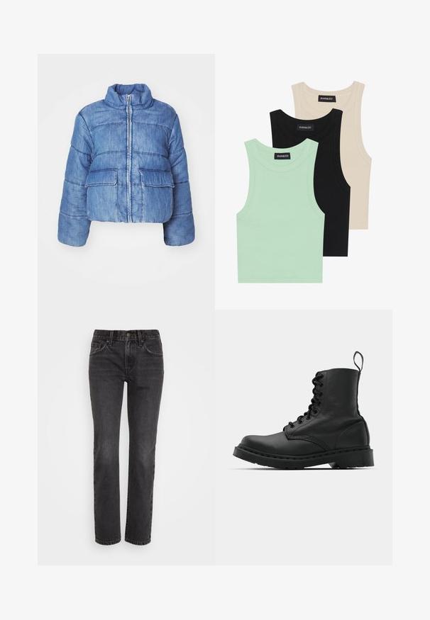 Cropped blue denim puffer jacket with a high collar, front zipper, two large patch pockets, and stitched detailing throughout.; Three tank tops in mint green, black, and beige; made of ribbed fabric with a round neckline and no sleeves. Brand label visible.; Black denim jeans with a straight-leg cut, featuring a classic five-pocket design, zip fly, and contrasting stitching along the seams.; Black leather combat boot with a round toe, lace-up front, and a pull tab at the ankle. Features a thick rubber sole for durability.
