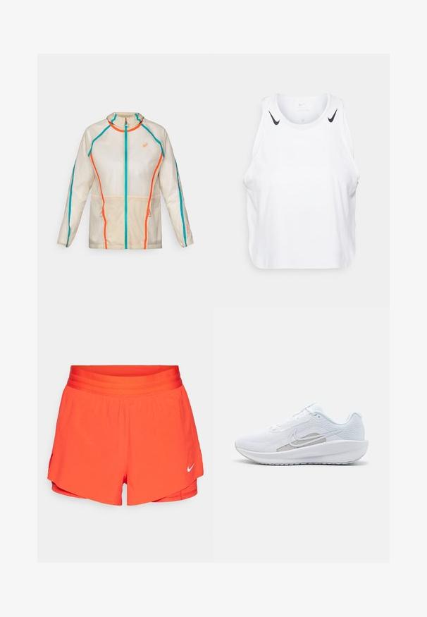 ASICS LIMITED SERIES ROAD PACKABLE JACKET - Løbejakker - birch; Hvid ærmeløs tanktop lavet af letvægtsmateriale, med sorte Nike-logo detaljer på skuldrene, rund halsudskæring og afslappet pasform.; Lyst orange sportsshorts med en bred elastisk talje, kort indersøm og et swoosh-logo i hvid på den nederste venstre side.; Hvid træningssko med mesh-overdel, rund tå og tekstureret sål. Har et sølvfarvet Nike-swoosh og et minimalistisk design.