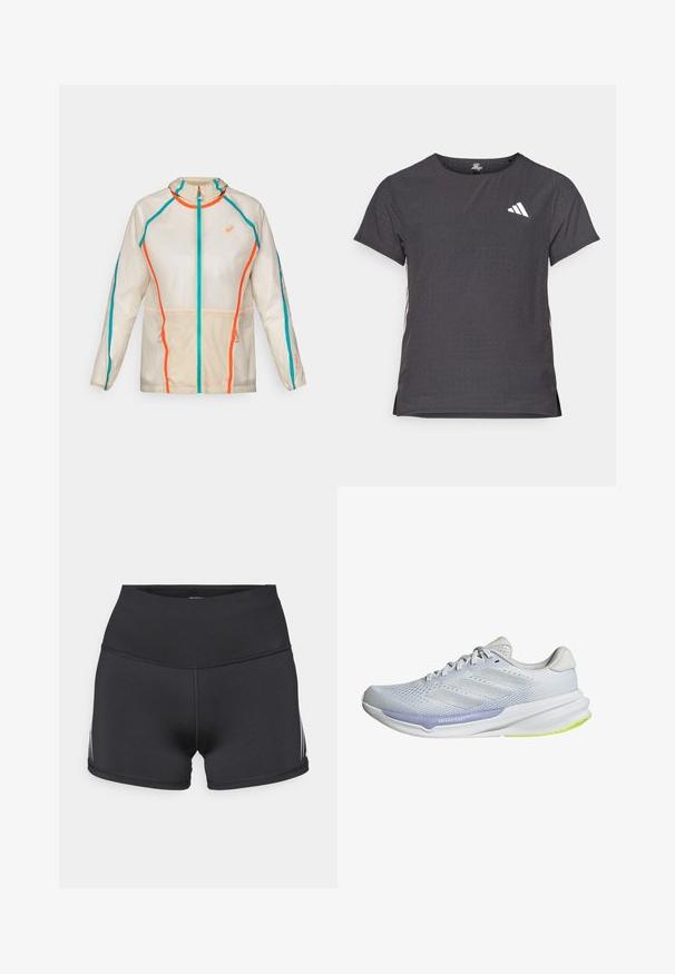 ASICS LIMITED SERIES ROAD PACKABLE JACKET - Giacca da running - birch; T-shirt atletico a maniche corte, grigio scuro con texture perforata. Presenta un logo bianco e strisce laterali a contrasto. Girocollo.; Pantaloncini sportivi neri con vita alta, realizzati in tessuto elasticizzato. Presentano strisce laterali bianche e cuciture flatlock per il massimo comfort.; Scarpa da ginnastica bianca con tomaia in rete traspirante, design texturizzato e dettagli in lavanda. Presenta una suola ammortizzata con dettagli verde sulla suola.