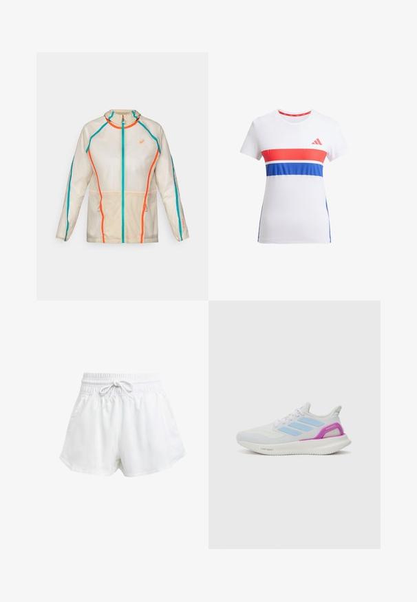 ASICS LIMITED SERIES ROAD PACKABLE JACKET - Running jacket - birch; White athletic t-shirt featuring red and blue horizontal stripes, round neckline, short sleeves, and a logo on the chest.; White athletic shorts with an elastic waistband and adjustable drawstring. Made from lightweight material, featuring side pockets and a loose fit.; adidas Performance PUREBOOST 5 - Road running shoes - white/glow blue/purple burst