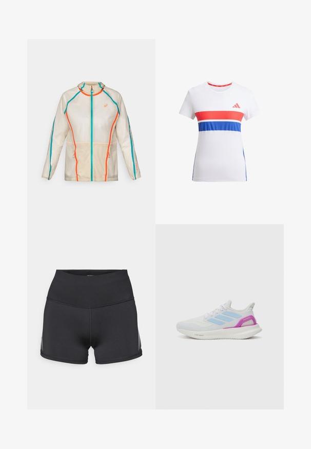 ASICS LIMITED SERIES ROAD PACKABLE JACKET - Juoksutakki - birch; Valkoinen urheilupaita, jossa on punaiset ja siniset vaakasuorat raidat, pyöreä kaula-aukko, lyhyet hihat ja logo rinnassa.; Musta, korkeavyötäröinen urheilushortsit joustavasta kankaasta. Varustettu valkoisilla sivuraidoilla ja tasosaumoilla mukavuutta varten.; adidas Performance PUREBOOST 5 - Katujuoksukengät - white/glow blue/purple burst