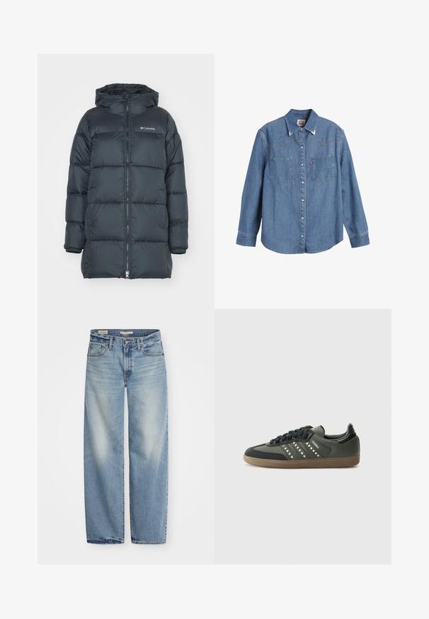 Mörk marinblå puffjacka med huva, har dragkedja fram, horisontellt quiltad design och logotyp på bröstet. Materialet har en slät textur.; Ljusblå denimskjorta med långa ärmar, spetsig krage, två bröstfickor och kontrasterande sömmar. Har en västerländsk stil på yoke-designen.; Ljusblå vida jeans i denim. Har en knapp- och dragkedja, fem fickor och en urblekt finish med en något sliten fåll.; adidas Originals SAMBA OG - Sneakers - core black/legend earth/gum