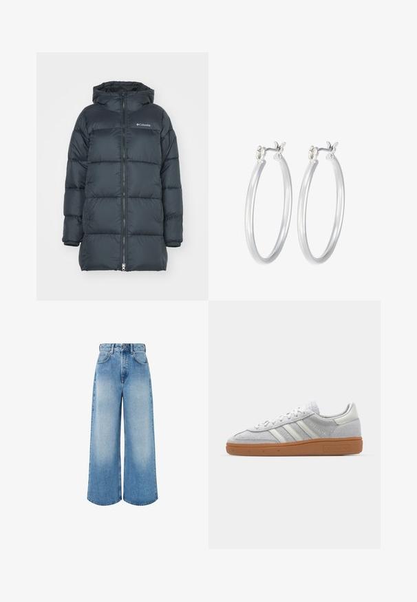 Giacca puffer di un blu scuro con cappuccio, presenta una chiusura con zip, design a righe orizzontali e logo sul petto. Il materiale ha una texture liscia.; Top a maniche lunghe bianco con collo rotondo. Realizzato in un tessuto elasticizzato che si adatta al corpo. Presenta delle sottili righe orizzontali.; Jeans a gamba larga di colore azzurro chiaro in denim, con vita alta, chiusura con bottone e leggera scoloritura con orli puliti.; Sneaker in camoscio grigio chiaro con accenti in pelle bianca, tre strisce bianche e suola in gomma marrone, dotato di collo imbottito per il massimo comfort.; Orecchini a cerchio in argento con una finitura liscia e lucida. Forma rotonda e chiusura a scatto sicura. Design leggero adatto per l'uso quotidiano.