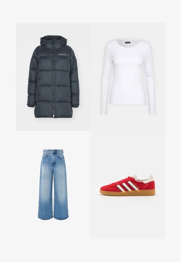 Mørkeblå dunjakke med hætte, har lynlås foran, horisontalt quiltet design og logo på brystet. Materialet har en glat tekstur.; Hvid ribbet langærmet trøje med rund halsudskæring. Fremstillet af et strækstof, der sidder tæt til kroppen. Har subtile horisontale linjer.; Lyseblå vidde jeans lavet af denim, med høj talje, knaplukning og subtil falmning med rene kantkanter.; adidas Originals HANDBALL SPEZIAL UNISEX - Sneakers - better scarlet/cloud white/green