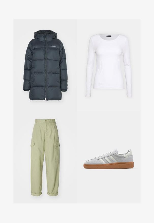 Dark navy puffer jacket with a hood, features a zippered front, horizontal quilted design, and logo on the chest. Material has a smooth texture.; White ribbed long-sleeve top with a round neckline. Made from a stretchy fabric that hugs the body. Features subtle horizontal lines.; Light green cargo pants made from cotton fabric. Features a high waist, rolled cuffs, and two side cargo pockets for added utility.; Light grey suede sneaker with white leather accents, three white stripes, and a brown rubber sole, featuring a padded collar for comfort.