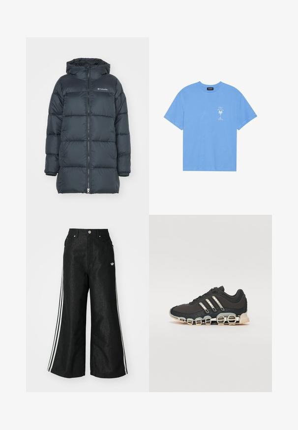 Mørkeblå dunjakke med hætte, har lynlås foran, horisontalt quiltet design og logo på brystet. Materialet har en glat tekstur.; Lyseblå bomulds t-shirt med rund halsudskæring. Har en hvid grafik af et palmetræ og tekst på venstre brystområde. Korte ærmer.; Sorte vide denim bukser med tre hvide striber på hver side og et lille hvidt logo. Indeholder forlommer og en knaplukning.; Sort træningssko med en tekstureret overdel, tre sølvstriber og en karakteristisk støttende sål med flere integrerede sektioner.