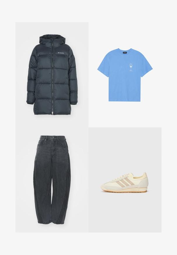 Tamsiai mėlynas pūkinis švarkas su gobtuvu, turi užtrauktuką priekyje, horizontalų siuvinėjimo dizainą ir logotipą ant krūtinės. Medžiaga yra lygaus paviršiaus.; Šviesiai mėlyna medvilninė marškinėliai su apvaliu iškirpimu. Kairėje krūtinės pusėje pavaizduotas baltas palmės medžio grafikas ir tekstas. Trumpomis rankovėmis.; Palaidi juodi džinsai su išblukusiu paviršiumi, penkios kišenės, užsegimas liemeniui mygtuku ir siuvinėtos detalės priekyje bei šonuose.; Kreminių spalvų sportiniai bateliai su trimis bežinėmis juostelėmis, pagaminti iš zomšos ir tekstilės medžiagų, su tekstūruota baze ir įspaustu prekiniu ženklu ant kulno.