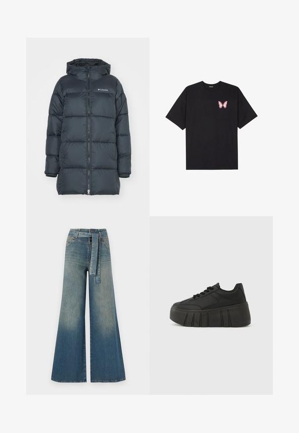 Mørkeblå dunjakke med hætte, har lynlås foran, horisontalt quiltet design og logo på brystet. Materialet har en glat tekstur.; Sort bomulds T-shirt med korte ærmer, prydet med en lille pink sommerfugl grafik på venstre bryst. Rund hals design med en afslappet pasform.; Bredbens-denimbukser med en lys til mørk blå gradient, høj talje, bælteløkker og et matchende stofbælte. Tekstureret denimfinish.; Sorte platform-sneakers med glat syntetisk overdel, rundet tå, snørelukning og en tyk, rilleret sål for ekstra højde.