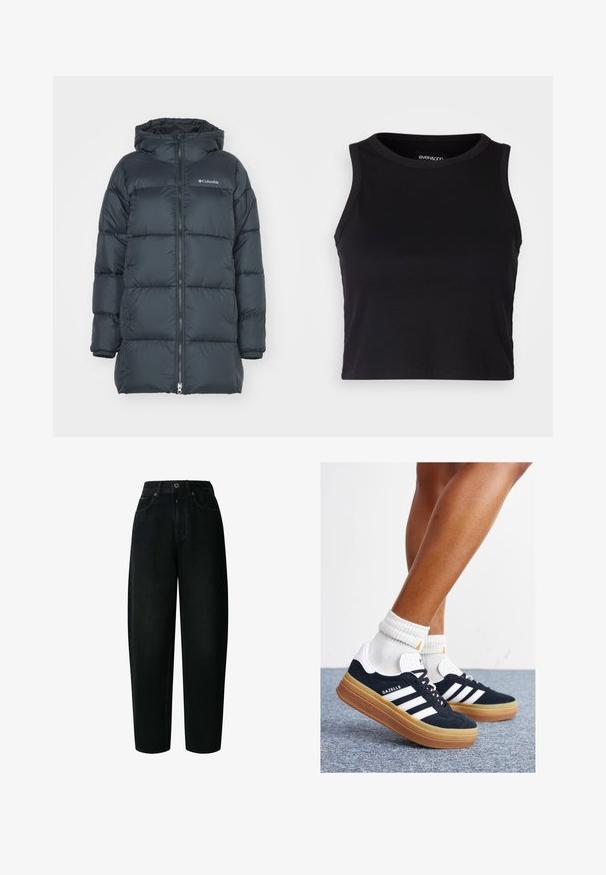 Sötét tengerészkék puffertakó kapucnival, cipzáros elöl, vízszintes tűzött mintával és logóval a mellkasán. Az anyag sima textúrával rendelkezik.; Fekete bordás crop tank top kerek nyakkivágással és ujjtalan dizájnnal. Puha, rugalmas anyagból készült, tiszta, lekerekített szélű részletekkel.; Fekete farmer magas derekú farmernadrág, laza illeszkedéssel, elülső zsebekkel, övbújtatókkal és sárgaréz gombokkal. Simább textúra, strapabíró anyag.; Fekete velúr sportcipő fehér csíkokkal és díszítésekkel, lekerekített orral, gumitalpú külső résszel, fehér bordázott bokazoknival párosítva.