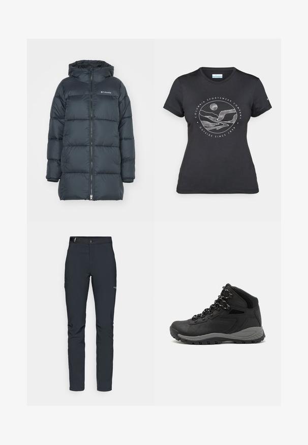 Tumši jūras spēka krāsas pūkains mētelis ar kapuci, ar aizdari priekšā, horizontālu pāršūtu dizainu un logo uz krūtīm. Materiāls ir gluds.; Melnā Columbia T-kreklā ar baltu apļa kalnu un upes kontūru mākslu, kā arī tekstu "Columbia Sportswear Company Outside Since 1938."; Vīriešu āra bikses, tumši pelēkā krāsā, izgatavotas no elastīga materiāla, ar jostu, kabatām ar rāvējslēdzēju un pastiprinātām šuvēm.; Melni pārgājienu zābaki ar vidēju augstumu, ar teksturētu augšdaļu, pelēkiem akcentiem un izturīgu gumijas zoli ar saķeres izvirzījumiem.