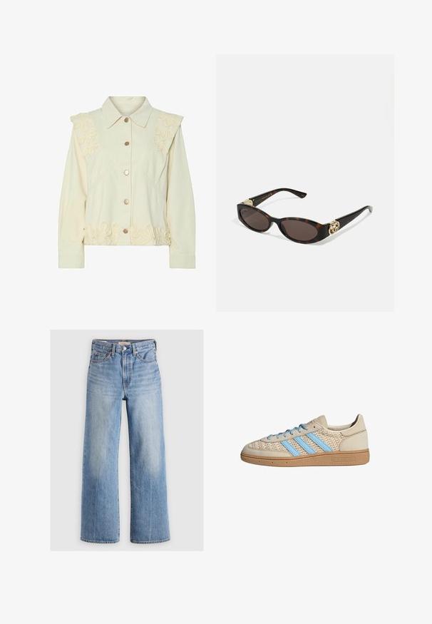 Kremowa kurtka z guzikami z przodu, ozdobiona haftem kwiatowym na ramionach i dole. Wykonana z miękkiego materiału, z wydłużonymi rękawami.; Biała bezrękawnik z regulowanymi ramiączkami, dopasowany krój, gładka tekstura materiału i okrągły dekolt. Brak wzorów i detali metalowych.; Jasnoniebieskie dżinsowe spodnie o szerokich nogawkach z wysokim stanem, wyblakłe miejsca, pięć kieszeni oraz kontrastowe przeszycia. Klasyczne zapięcie na guzik i zamek błyskawiczny.; Beżowe sneakersy z teksturowanym dzianinowym cholewką, jasnoniebieskimi paskami i brązową gumową podeszwą. Posiadają okrągłe sznurowadła i detal z logo po boku.; Słoneczne okulary w kolorze żółwi z wydłużonymi owalnymi soczewkami, brązowym odcieniem, złotymi akcentami logo na zausznikach oraz smukłymi czarnymi ramionami.; Złote kolczyki metalowe o skręconym wzorze z gładką, błyszczącą powierzchnią i zaokrąglonymi kształtami. Każdy z nich ma około 2 cali.