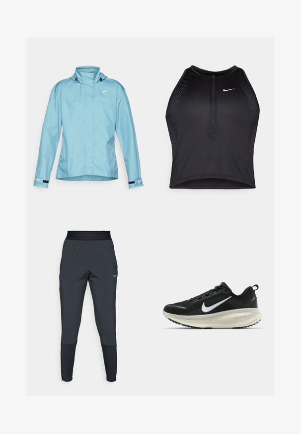 Light blue Nike jacket with a hood, full front zipper, elastic cuffs, and adjustable hem. Smooth texture and minimalistic design details.; Black athletic crop top with a zip-front, mesh accents, and a fitted design. Made from stretchy, breathable fabric. Nike logo on front.; Nike athletic pants in dark gray, featuring a tapered leg design, elastic waistband, and accent details near the cuffs.; Black Nike running shoe with breathable mesh upper, white swoosh logo, textured detailing, and a cream-colored ZoomX midsole.