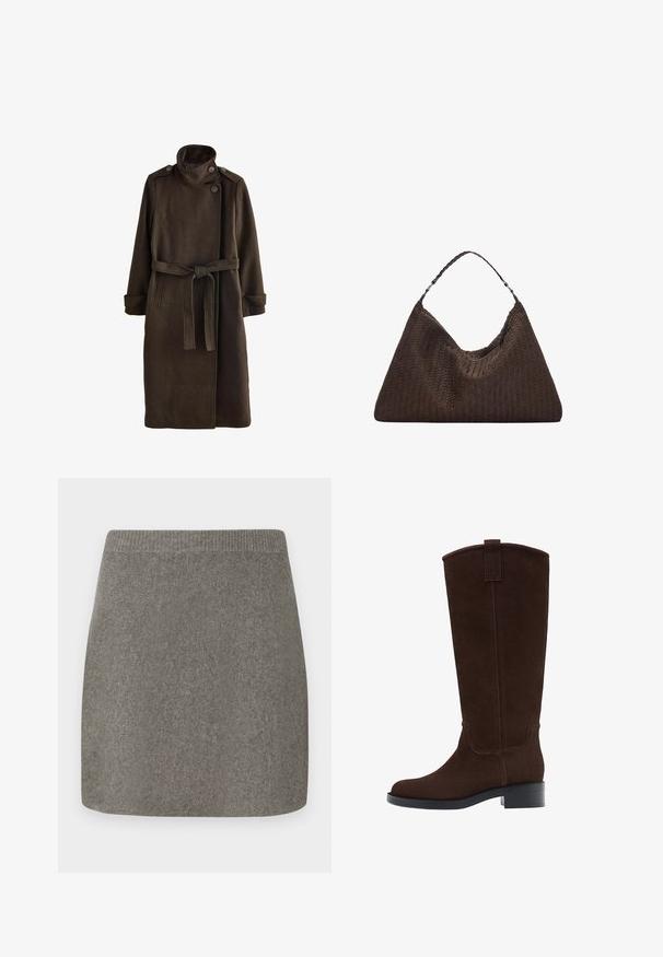 Rjav volnen plašč z visokim ovratnikom, gumbi na ramenih, dolgimi rokavi in usklajenim pasom v pasu. Teksturna površina tkanine.; Svjetlosiva pletena pulover s visokom ovratnikom, spuštenim ramenima te rebrastim manžetama i rubom. Mekani materijal s ležernim krojem.; Siva pletena mini krila z rebrastim pasom, gladko teksturo in ravnim krojem, zasnovana za prilegajočo silhueto.; Rjavi semiš škornji do kolen z zaobljenim nosom, subtilnim šivom in nizko blok peto; imajo tudi zanko na vrhu za preprosto oblačenje.; Rjava tkana usnjena torbica s sproščenim, trikotnim oblikovanjem. Ima pleten ročaj in zadrgo na vrhu.