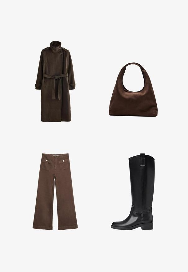 Rjav volnen plašč z visokim ovratnikom, gumbi na ramenih, dolgimi rokavi in usklajenim pasom v pasu. Teksturna površina tkanine.; Rjava kratka majica s kratkimi rokavi iz mehkega materiala, s krožnim izrezom in ohlapnim krojem. Brez vidnih vzorcev ali dodatkov.; Svetlo rjave široke hlače iz bombaža, ki vključujejo dva sprednja žepa s srebrnimi gumbi in gladko teksturo.; Črne škornje do kolen, izdelane iz gladkega sintetičnega materiala. Imajo zaobljen nos, nizek blokast podplat in vertikalne šive.; Mehakna rjava torbica v hobo stilu z enim širokim trakom in ukrivljenim odprtjem na vrhu, prikazana na beli podlagi.