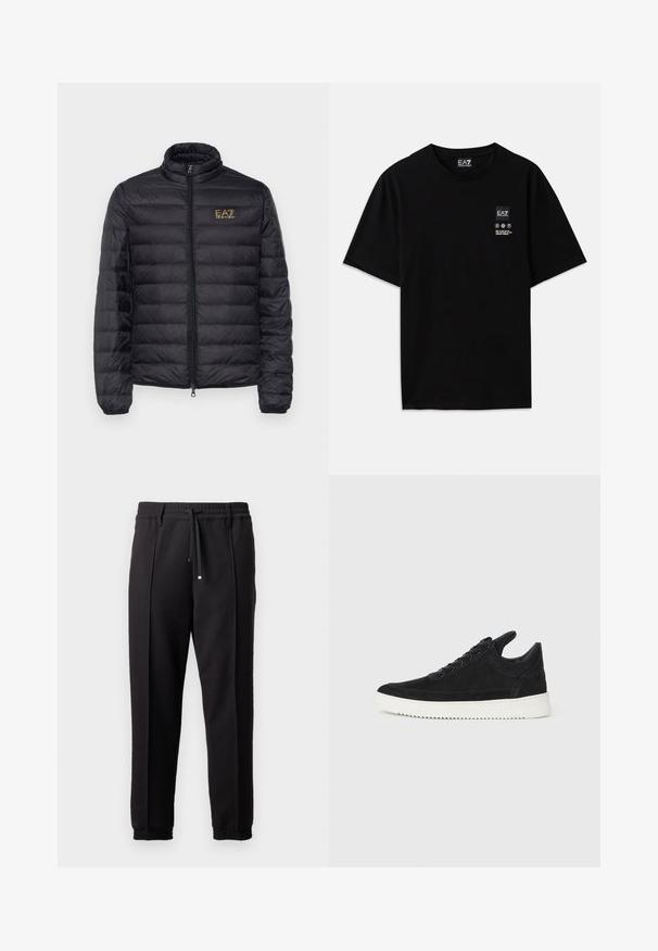 Juodas pūkinis švarkas su aukštu apykakle, horizontaliai siūtu paviršiumi, užtrauktuku ir auksiniu logotipu kairėje krūtinės pusėje. Glotnus, lengvas audinys.; Juoda medvilnė t-shirt su trumpomis rankovėmis, apvalia iškirpte ir maža logotipo etiketė priekyje su baltomis priežiūros simbolių pictogramomis.; Juodos kelnės su juosmeniu, raišteliu ir elastingais rankogaliais. Yra raukšlės ir lygus, tekstūruotas audinys.; Juodų suede sportbačių su balta gumine padu, su toniniais siuvinėjimais ir raištelių užsegimu. Sklandus paviršius su šiuolaikine, laiko forma.