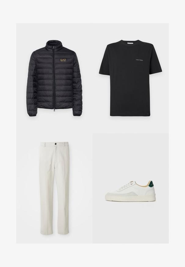 Casaco puffer preto com colarinho alto, acolchoamento horizontal, fecho com zip e um logótipo dourado no lado esquerdo do peito. Tecido liso e leve.; Camisa de algodão preta com decote redondo, mangas curtas e um pequeno logo branco "TIGER OF SWEDEN" no peito. Corte clássico.; Calças beige de perna reta com passantes para cinto, botão frontal e fecho de zip, exibidas de forma plana sobre um fundo branco.; Tênis brancos com detalhes em camurça, bico arredondado, atacadores planos e sola de borracha creme. Apresenta uma marcação verde no calcanhar.