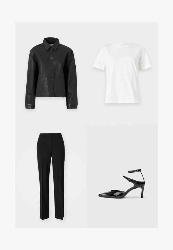 Černá denimová bunda s límečkem, předním zapínáním na knoflíky, dvěma postranními kapsami a dlouhými rukávy s hladkým povrchem.; Bílý bavlněný tričko s krátkým rukávem, kulatým výstřihem a volnějším střihem. Hladká textura, bez vzorů nebo akcentů, minimalistický design.; Černé kalhoty na míru se střihem do rovna, které mají hladkou texturu a ostré sklady na přední straně. Bez viditelného kování.; Černé lakované kožené lodičky s špičatou špičkou, nastavitelnými nártními pásky a štíhlým podpatkem. Hladký povrch s lesklým povrchem.