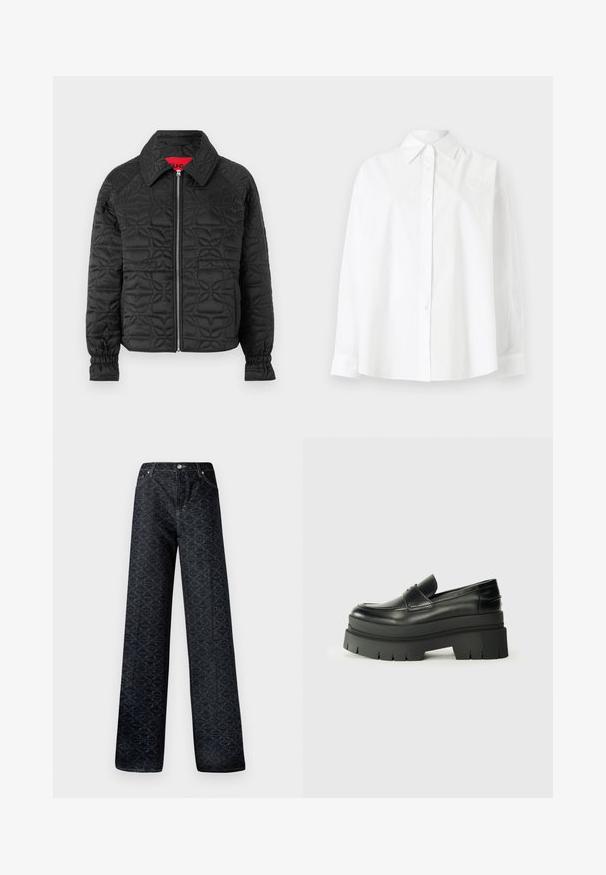 Black quilted jacket with a zip front, featuring a collared neck, elastic cuffs, and embossed floral patterns throughout. Red inner label.; White button-up shirt made of cotton, featuring a classic collar, long sleeves, and subtle heart embroidery on the upper left side.; Dark blue wide-leg jeans with a geometric pattern, made from denim. Features metal button, zip fly, and front pocket stitching.; Black leather loafers with a chunky platform sole. Rounded toe, front seam detail, and subtle stitching accents. Flat, textured outsole.