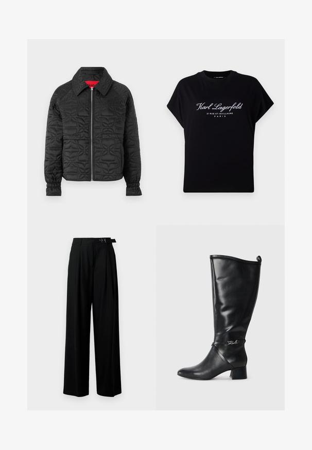 Črna prešita jakna z zadrgo spredaj, opremljena s kragnim ovratnikom, elastičnimi manšetami in vtisnjenimi cvetličnimi vzorci po celotni površini. Rdeča notranja oznaka.; Črna oversize majica iz bombaža. Ima kratke rokave in okroglo ovratnico. Spredaj je natisnjen bel napis: "Karl Lagerfeld 21 RUE ST-GUILLAUME PARIS."; Črne široke hlače z visokim pasom, gubami spredaj in pasom z zaponko. Narejene so iz gladkega, lahkega materiala.; Črne usnjene čevlje do kolen s koničastim nosom, blokasto peto in okrasnim trakom z srebrnim logotipom blizu gležnja. Gladka tekstura.