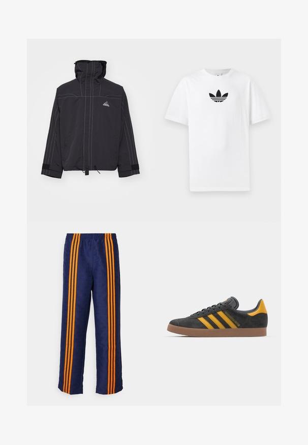 Veste noire avec col montant, accents de couture blancs et logo. Dotée d'un ourlet et de poignets ajustables, conçue pour l'isolation et le confort.; T-shirt en coton blanc présentant un logo noir d'Adidas au centre. Manches courtes et décolleté rond. Texture lisse.; Pantalon bleu marine avec une texture à motif intégral, orné de trois larges rayures orange sur chaque côté. Taille élastique en haut.; Baskets en suede noir avec des accents jaunes, présentant trois rayures et une semelle en caoutchouc marron. Comprend une languette rembourrée pour le confort.