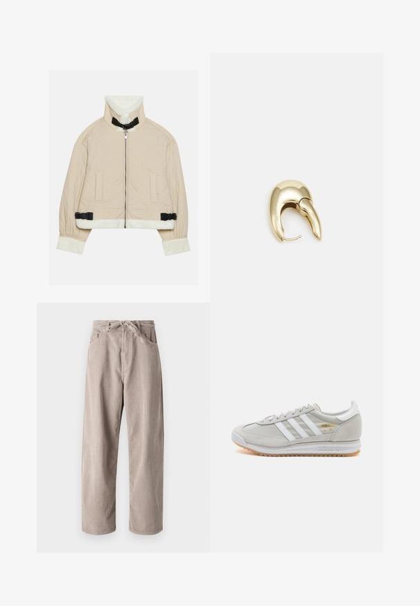 Vadderad beige jacka med en mjuk, vit fleecekrage och manschetter, med en framsida med dragkedja och svarta spännen. Två framfickor ingår.; Olivgrön polotröja med kabelstickad textur, med diamantmönster samt ribbad nederkant och ärmslut.; Beigefärgade kordflorsebyxor med lös passform, med dragsko i midjan, två framfickor och vertikal ribbad textur.; Ljusgrå sneaker i mocka och mesh, med tre vita ränder, rund tå och en sula av gummi. Guldlogotyp som accent vid snörningen.; Örhänge i guldtonad metall med en elegant, böjd design. Har en distinkt spetsig form, polerad yta och gångjärnslås.