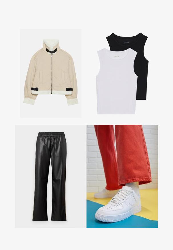 Jachetă bej matlasată cu un guler și manșete din fleece alb moale, prevăzută cu un fermoar frontal și accente negre cu cataramă. Include două buzunare frontale.; Două topuri fără mâneci, în alb și negru, fabricate din bumbac ribbed, având decolteuri rotunde și un design ajustat. Etichetele sunt vizibile pe ambele.; Pantaloni negri din piele ecologică cu talie elastică, design cu picior drept și dungi laterale contrastante. Textură netedă și stil minimalist.; Tenis alb din piele cu fanta pe vârful piciorului, talpă texturată și șireturi albe, purtat cu pantaloni larga roșii și un fundal albastru și galben.