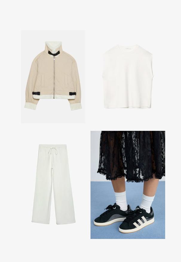 Kvadrično bež jakna sa mekanim bijelim kragnom i manžetama od flisa, sa prednjim zatvaračem i crnim kopčama kao akcentima. Uključena su dva prednja džepa.; Bijela bezrukavna majica s opuštenim krojem, okruglim izrezom, glatkom teksturom i ravnim rubom. Jednostavan dizajn bez uzoraka ili hardvera.; Bijele hlače širokog kroja od mekog materijala. Imaju elastični pojas s vezicom i glatku teksturu. Nema vidljivih uzoraka ili metalnih dijelova.; Crna čipkasta suknja ističe bijele čarape i crne cipele s svijetlosivim prugama na plavoj pozadini, naglašavajući moderan ležerni izgled.