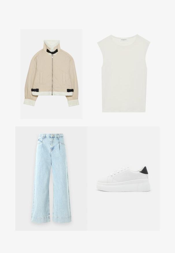 Quilted beige jakke med en myk, hvit fleecekrage og mansjetter, med en frontglidelås og svarte spenne-detaljer. To frontlommer er inkludert.; Hvit ermeløs topp med rund hals. Laget av glatt stoff, har den en avslappet passform og minimalistisk design. Ingen mønstre eller detaljer.; Lyseblå vide jeans laget av denim, med høy midje, frontlommer og sømmer i kanten.; Hvite plattform sneakers laget av glatt syntetisk materiale, med rund tå, snøring og en strukturert gummisåle. Svart hæl akcent.