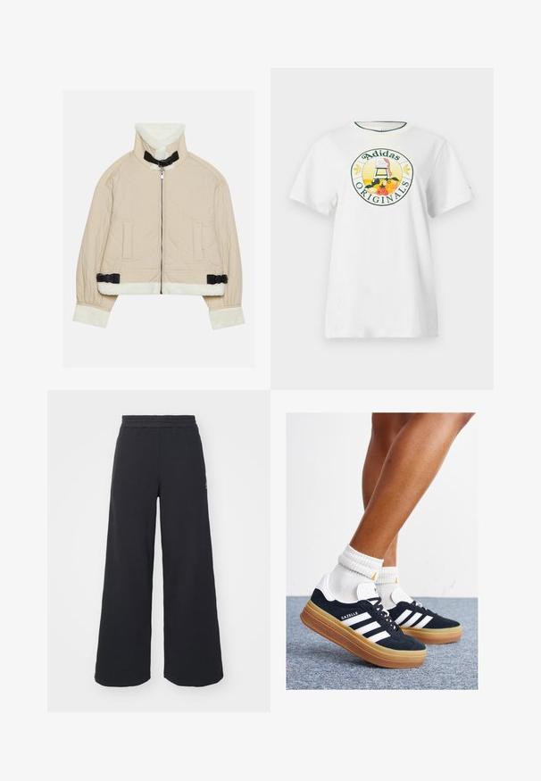 Vata rokav z bež barvo, z mehkimi belimi flis rokavi in ovratnikom, z zadrgo spredaj in črnimi zaponkami. Vključena sta tudi dva sprednja žepa.; Bela bomba majica s kratkimi rokavi, ki ima okroglo grafično oznako v zeleni in rumeni barvi, na kateri je napis "Adidas Originals" in vzorci sadja.; Črne široke trenirke iz mehkega blaga, z elastičnim pasom in majhnim logotipom na levi strani.; Črni antilop superge z belimi črtami in poudarki, okrogel prst, gumijasti podplat, kombinirane z belimi rebrastimi nogavicami.