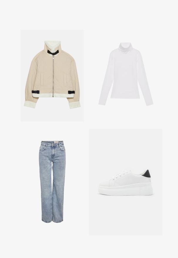 Vata rokav z bež barvo, z mehkimi belimi flis rokavi in ovratnikom, z zadrgo spredaj in črnimi zaponkami. Vključena sta tudi dva sprednja žepa.; Bela dolga majica s turtleneck ovratnikom, izdelana iz gladke, raztegljive tkanine. Ima visok ovratnik in prilega telesu, brez vidnih vzorcev ali okrasitev.; Svjetloplave široke traperice od denima, sa visokim strukom, dizajnom s pet džepova i suptilnim blijeđenjem za izgled nakon nošenja.; Bele platform tenisice izdelane iz gladkega sintetičnega materiala, z zaobljenim prstom, sistemom vezalk in teksturiranim gumijastim podplatom. Črn dodatek na peti.