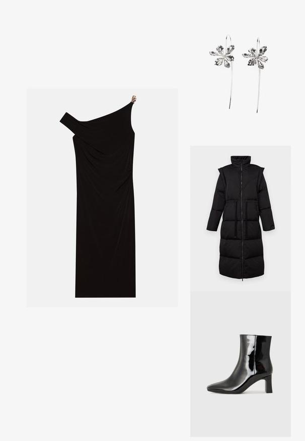 Fekete puffernadrág magas gallérral, teljes cipzárral, húzózsinórral ellátott derékkal és steppelt mintázattal. Hosszú ujjak és közepes hosszúságú kialakítás jellemzi.; Fekete, egyvállas ruha, drapált anyagból, arany díszítéssel a vállon, sima textúrájú és térd hosszúságú kialakítással.; Fekete lakk bőrcipő bokáig érő, hegyes orral és közepes magasságú tömbsarokkal. Simább textúrával és minimalista dizájnnal rendelkezik.; Ezüst virágformájú fülbevalók, texturált felülettel, hosszú akasztókkal és szirmokra hasonlító részletekkel az összetett dizájn érdekében.