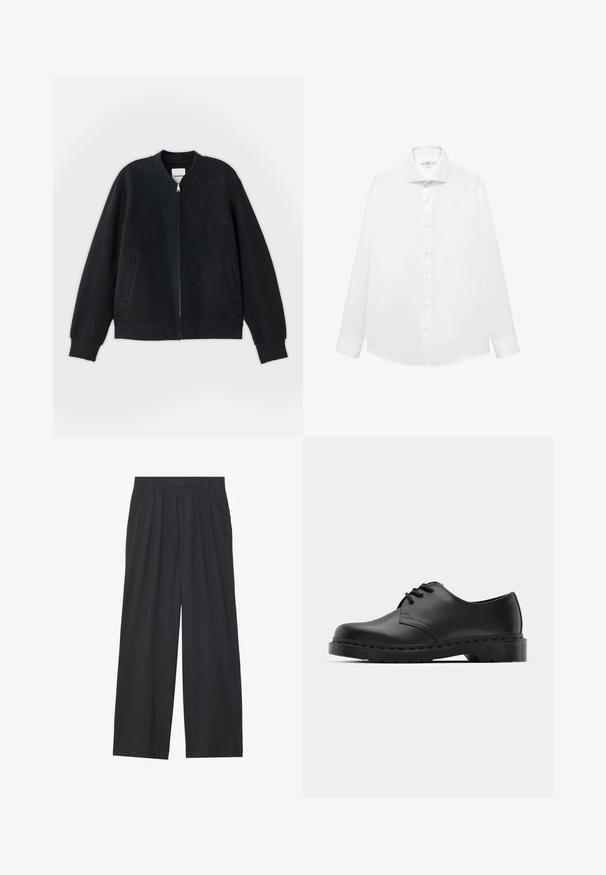 Zwarte bomberjack gemaakt van een gestructureerde stof, met een rits aan de voorkant, ribgebreide manchet en twee zijzakken. Eenvoudig, minimalistisch ontwerp.; Witte lange mouwen overhemd gemaakt van zachte katoen, met een puntige kraag, voorknopsluiting en rechte zoom.; Wijd-uitlopende broeken van donkergrijze stof. Kenmerken zijn plooien bij de taille, een tailor-made ontwerp en een rechte silhouet.; Zwarte leren oxford schoenen met vetersluiting, ronde neus, platte rubberen zool en subtiele stiksel details langs het bovenwerk.