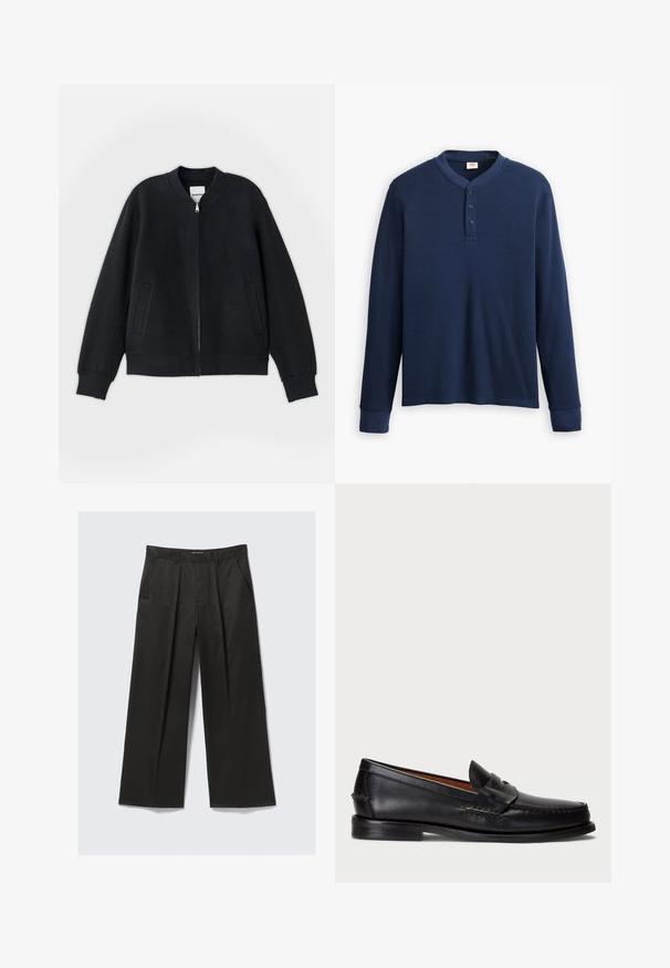 Jachetă bomber neagră, realizată dintr-un material texturat, cu fermoar frontal, mansete ribbate și două buzunare laterale. Design simplu, minimalist.; Cămașă henley cu mânecă lungă de culoare bleumarin, confecționată dintr-un material tip plasă. Prezintă un decolteu rotund și o față cu trei butoni. Manșetele sunt ajustate.; Pantaloni negri cu croială largă, cu o textură netedă, având două buzunare frontale și o talie ușor ridicată.; Mocasini din piele neagră cu vârful rotunjit, detalii cusute și o curea decorativă în partea din față. Talpă plată cu un profil minim.