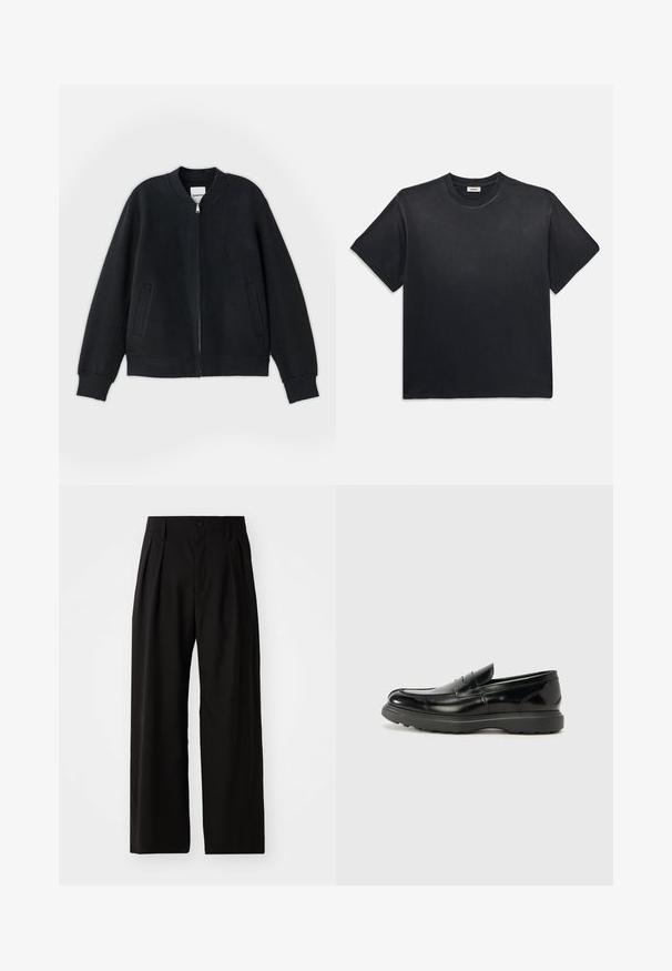 Zwarte bomberjack gemaakt van een gestructureerde stof, met een rits aan de voorkant, ribgebreide manchet en twee zijzakken. Eenvoudig, minimalistisch ontwerp.; Zwarte katoenen t-shirt met een ronde halslijn en korte mouwen. Heeft een ontspannen pasvorm, een gladde textuur en een minimalistisch ontwerp.; Zwarte wijde broek met een gladde textuur, voorzien van twee voorklokken, een knoopsluiting en zijzakken. Duurzaam materiaal.; Zwarte leren instapper met een glanzende afwerking, een ronde neus, subtiele stiksels en een dikke rubberen zool voor duurzaamheid.
