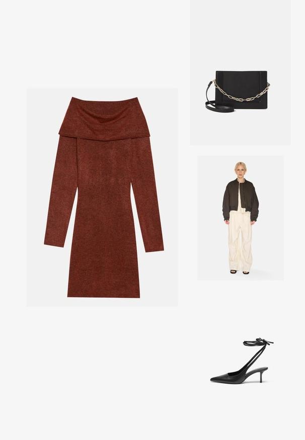 Brown cropped jacket with quilted lining and ribbed cuffs, paired with loose ivory pants featuring a drawstring. Set against a white background.; Off-the-shoulder, long-sleeve dress in rust-colored fabric; features a draped neckline with a soft, textured finish.; Black leather stiletto shoe with a pointed toe, open back, and ankle straps tied in a bow. Slim 3-inch heel. Smooth texture, minimalist design.; Black leather crossbody bag featuring a smooth texture, rectangular shape, and a metallic chain detail on the front. Adjustable strap included.
