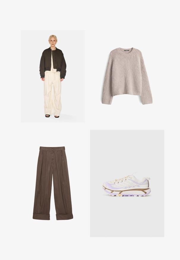 Brown cropped jacket with quilted lining and ribbed cuffs, paired with loose ivory pants featuring a drawstring. Set against a white background.; Light beige fuzzy knit sweater with long sleeves and crew neckline, displayed flat on a white background.; White short-sleeve t-shirt with a round neckline, relaxed fit, and a slightly curved hem. Made of smooth, soft fabric with minimal seams.; Brown wide-leg trousers made of cotton, featuring a button closure, pleated front, and rolled cuffs for a relaxed fit.; Lightweight running shoes with a cream and lavender mesh upper, reinforced rubber sole, and distinctive grooves for traction.