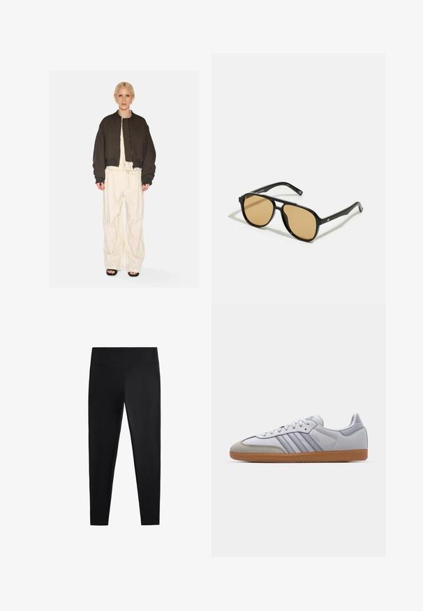 Brun cropped jakke med quiltet foring og ribbede manchetter, parret med løse elfenbensfarvede bukser med snoretræk. Sat mod en hvid baggrund.; Grøn fleece-pullover med høj krave, navy trykknap-lukning og en lynlås-lomme. Har en blød tekstur og kontrasterende cremet kant.; Sorte leggings lavet af glat, strækbart stof. Har en bred talje og en tapered ben-design, velegnet til aktiv eller afslappet brug.; Hvide lædersneakers med lyseblå accenter, grå ruskindsnæse og en brun gummisål. Har tre blå striber og "Samba" branding.; Sorte solbriller med brune tonede linser; rektangulær form med en tyk ramme, herunder diskrete hardwaredetaljer på stængerne.