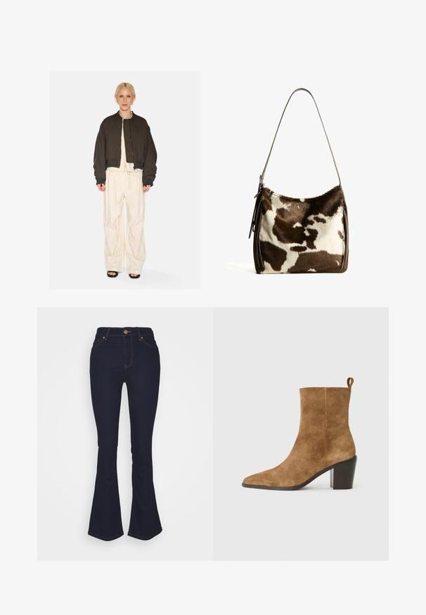 Bruine cropped jas met gevoerde voering en geribde manchetten, gecombineerd met losse ivoorkleurige broek met trekkoord. Geplaatst tegen een witte achtergrond.; Polo-shirt met lange mouwen met bruine, beige en witte horizontale strepen, knoopsluiting en klein "BG" logo op de borst.; Marks & Spencer Eva - Bootcut jeans - blue denim; Bruine suède enkelboot met een spitse neus en een stevige zwarte hak, gepresenteerd tegen een neutrale achtergrond.; Bruine en crèmekleurige koeienhuid schoudertas met een gladde leren band, ritssluiting en een zachte, tekstuursurface met een natuurlijk patroon.