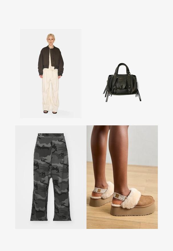 Brun cropped jakke med quiltet foring og ribbede manchetter, parret med løse elfenbensfarvede bukser med snoretræk. Sat mod en hvid baggrund.; Hvid oversized T-shirt lavet af blød bomuld. Har korte ærmer, en rund halsudskæring og en afslappet pasform uden synlige mønstre eller accenter.; Kamuflage sweatpants i nuancer af sort og grå, med elastisk talje, afslappet pasform og lette slidser i bunden af benene.; Brune platform tøfler med en pelskantet strop og bløde beige pelsdetaljer. Har et logo på stroppen og en struktureret ydersål.; Sort læderhåndtaske med flettede håndtag, lynlåslomme og hængende frynser. Tekstureret overflade med metalnitter og hardware-accenter.