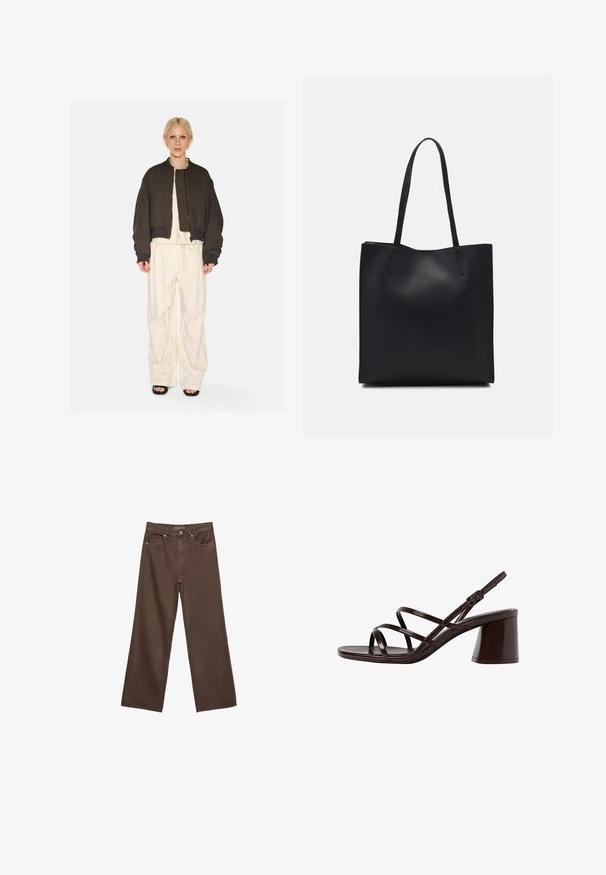 Brown cropped jacket with quilted lining and ribbed cuffs, paired with loose ivory pants featuring a drawstring. Set against a white background.; Brown short-sleeve t-shirt made of soft fabric, with a round neckline and relaxed fit. No visible patterns or accents.; Wide-leg brown jeans made of denim, featuring a high waist, front pockets, and a classic button closure. Smooth texture with subtle stitching.; Brown heeled sandals with a glossy finish, featuring multiple slim straps and a chunky block heel for stability.; Black leather tote bag with smooth texture, rectangular shape, and two long handles. No visible hardware or embellishments.