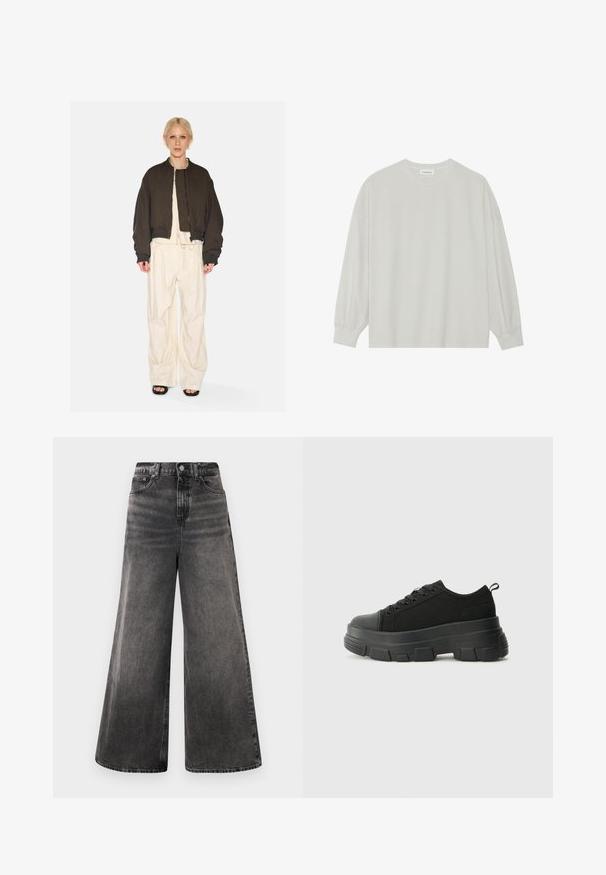 Smeđi skraćeni sako s podstavom od štepane tkanine i rebrastim manžetama, u kombinaciji s slobodnim krem hlačama s vezicom. Postavljeno na bijeloj pozadini.; Svijetlosivi majica s dugim rukavima od mekane pamučne tkanine. Ima slobodan kroj, okrugli izrez i blago nabrane manžete. Bez uzoraka ili grafika.; Široke crne traperice od denima sa izblijedjelim pranjem, dizajnom s pet džepova i gumbom na struku, s ukrasnim šavovima.; Crne tenisice s debelim gumenenim potplatom, teksturiranim gornjim dijelom od tkanine, okruglim vrhom i dizajnom s vezicama. Imaju pojačane rupice za vezice i dodatak za povlačenje straga.