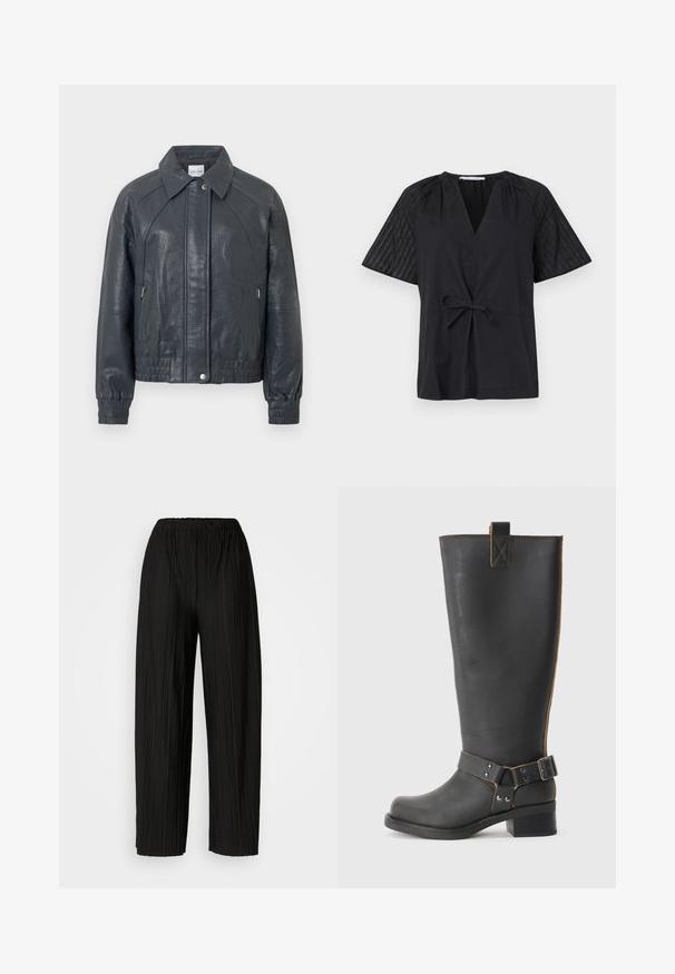 Casaco de couro cinzento escuro com gola, bolsos com fecho de correr e punhos elásticos. Acabamento texturizado com um design ligeiramente curto.; Top preto com decote em V, mangas curtas e com cintura amarrada. Apresenta tecido texturizado e estampado nas mangas e um corpo liso.; Calças largas de pregas pretas com uma cintura elástica. O tecido apresenta pregas verticais e uma textura suave.; Bota preta de couro até ao joelho com um acabamento texturizado, apresentando um detalhe de fivela lateral e um salto baixo. Costura detalhada ao longo das costuras.
